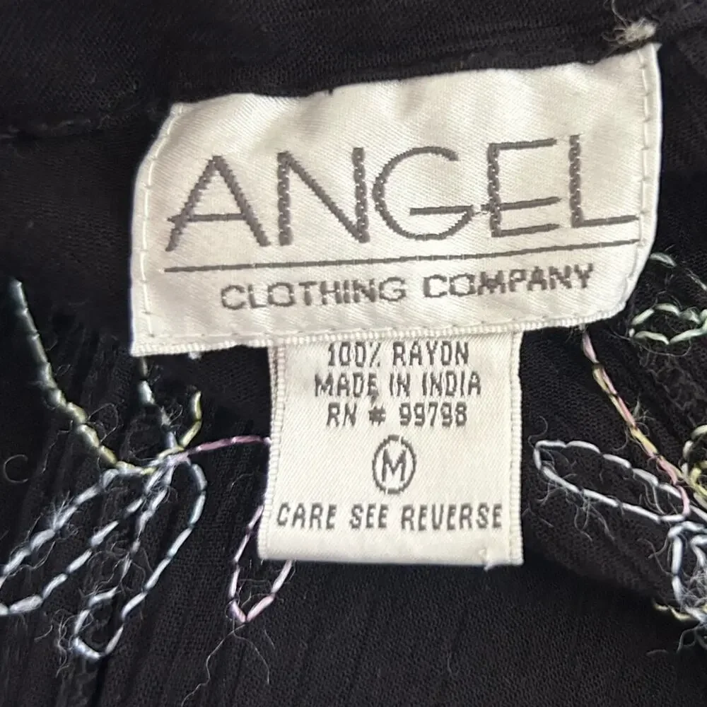 Vtg Angel Pastel Rainbow Embroidered Butterfly Flower‎ Black Knee Length Dress